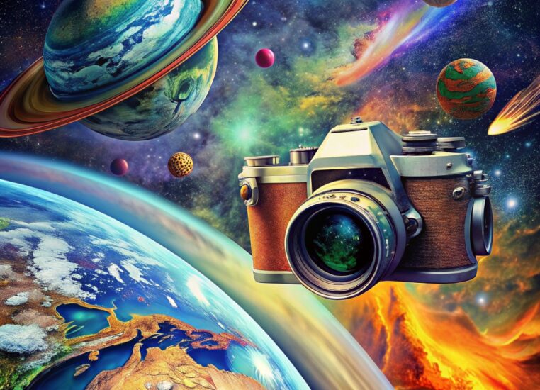 photo camera on rocket in cosmos near earth planet